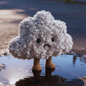 May include: A grey, cloud-shaped soft toy with a sad expression and small brown legs stands in a puddle. The toy has a textured, curly exterior and black button eyes. The background is blurred, suggesting an outdoor setting.