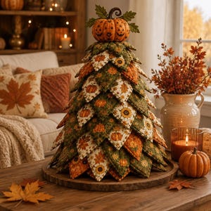 May include: A cone-shaped fabric tree decoration featuring layered, quilted leaf-shaped patches in shades of orange, green, and cream. The fabric displays patterns of pumpkins, sunflowers, and autumn leaves, topped with a small fabric pumpkin.