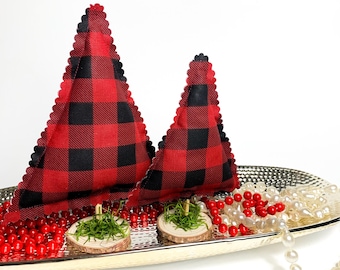 Plaid Fabric Christmas Tree Set Farmhouse Holiday Decor Rustic Tabletop Trees Wood Base Moss Mini Christmas Decor Set of 2