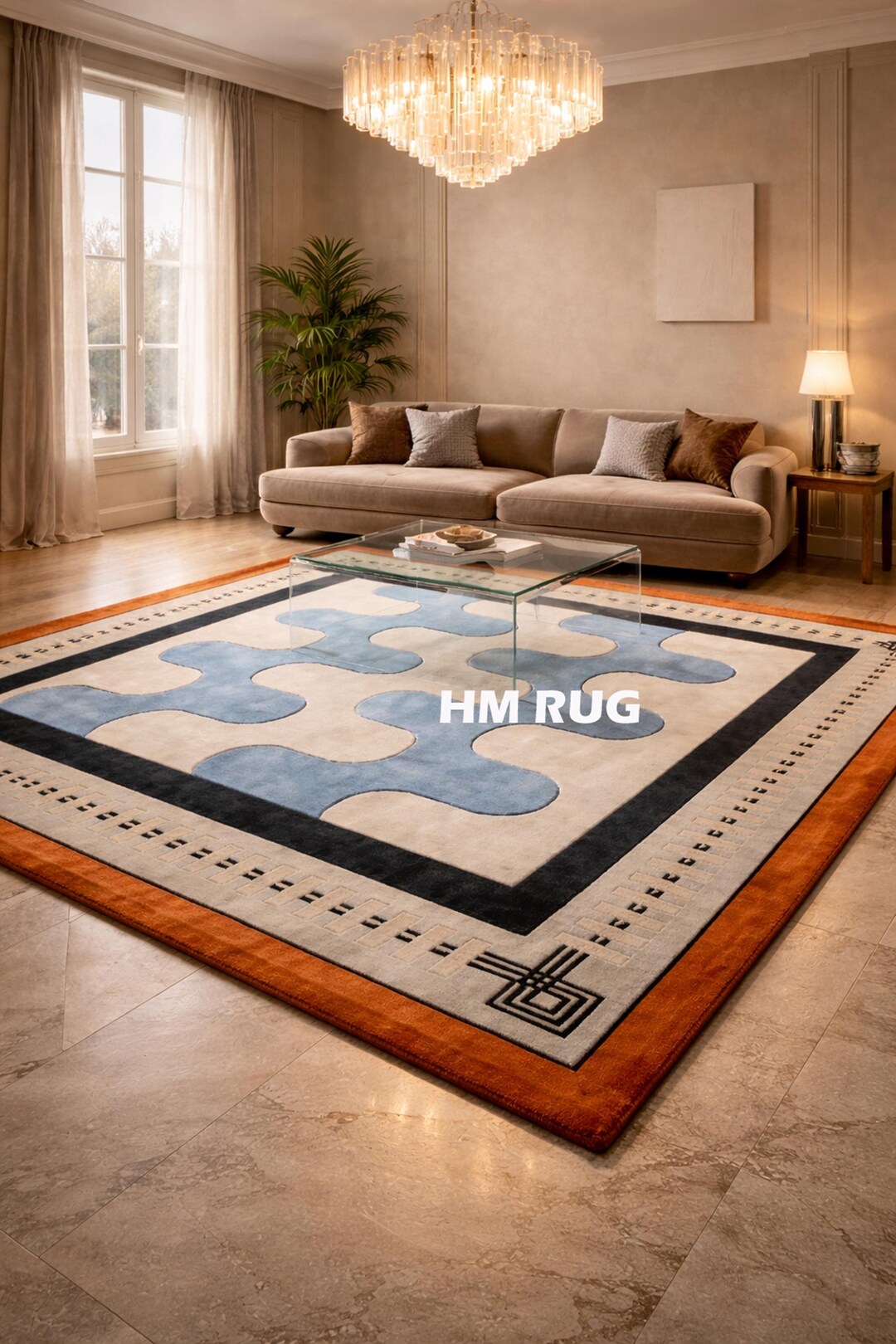 Hand Tufted Wool Area Rug Modern Blue Ivory Geometric Puzzle Pattern ...