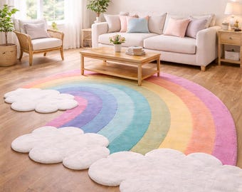 Könnte beinhalten: Ein großer, halbkreisförmiger Teppich mit einem lebendigen Regenbogenmuster aus konzentrischen Streifen in Pink, Orange, Gelb, Grün, Blau und Violett. Der Teppich verfügt über drei ausgeprägte, flauschige, weiße, wolkenförmige Abschnitte.