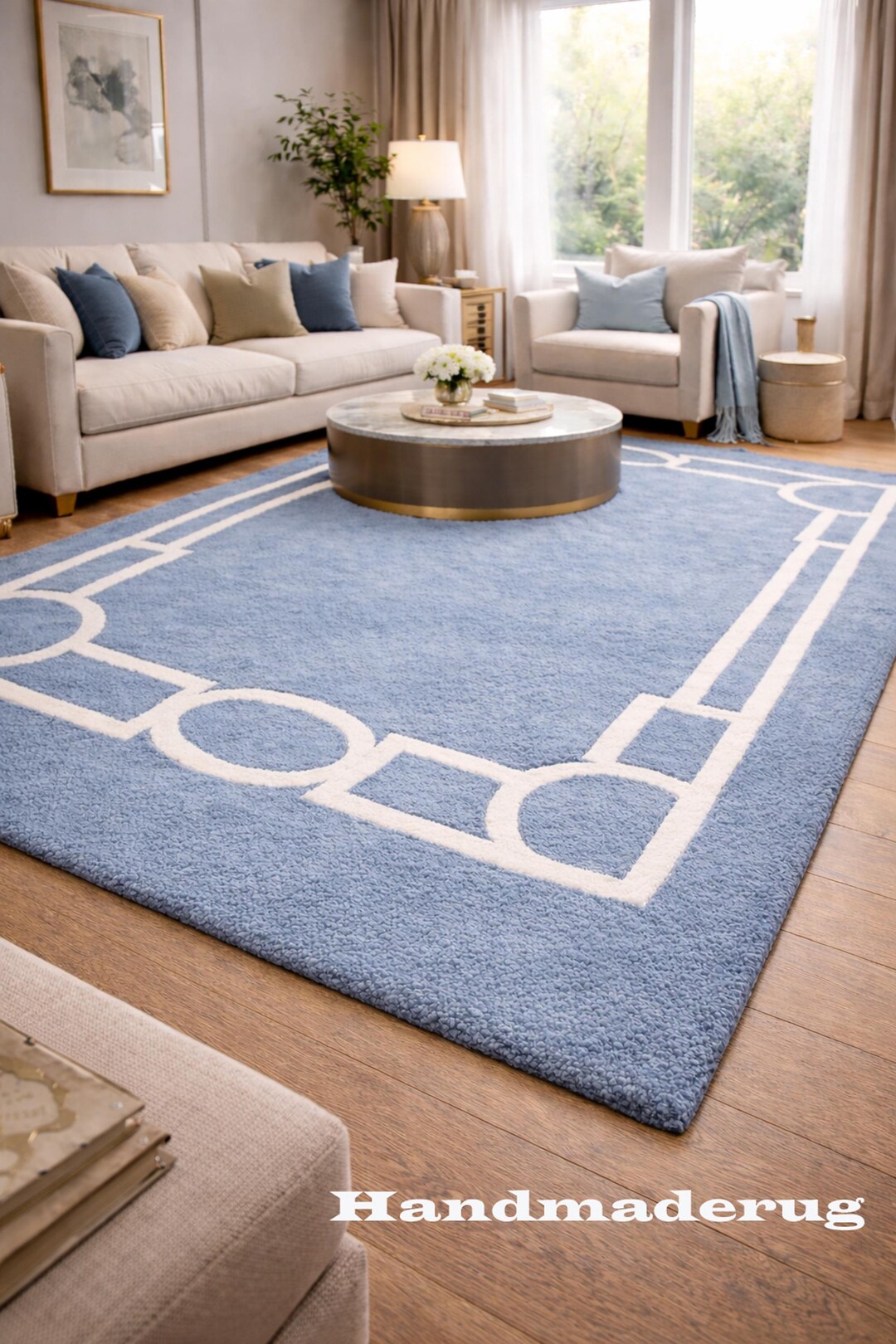 Blue Geometric Rug Hand-tufted Modern Large Area Rug Minimal Border ...