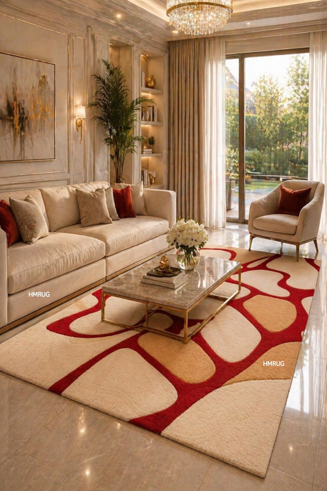 Cream Red Abstract Area Rug, Modern Tufted-wool Rug, Luxury Plush ...