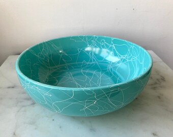 Orange /& White Serving Bowl Milk Glass Mixing Bowl likely Hazel Atlas Vintage MidCentury Modern Butterscotch Spaghetti String Drizzle Bowl