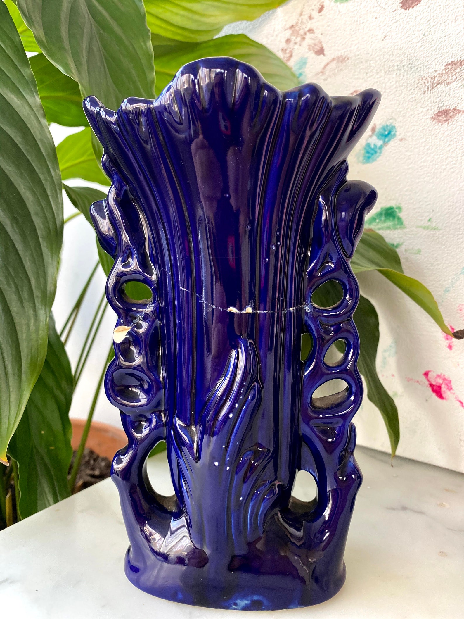 Vintage Mantle Set of Cobalt Blue Flower Vases and Planter Pot Etsy