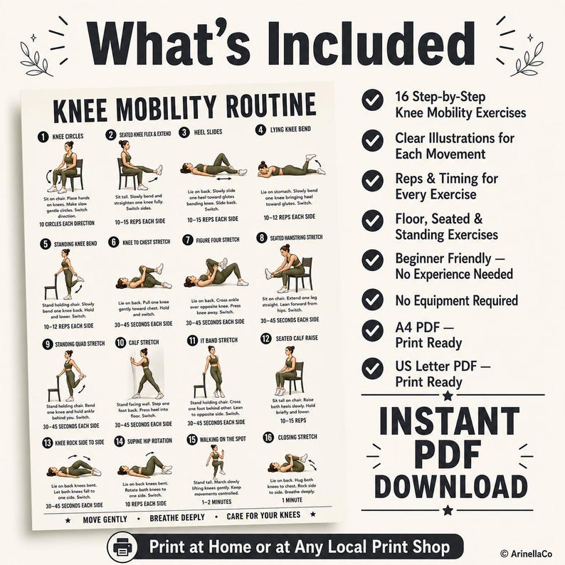 Knee Mobility Routine Printable Chart, 16 Gentle Movements for Flexible ...