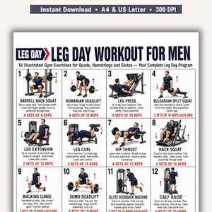 Puede incluir: Un póster informativo blanco titulado LEG DAY WORKOUT FOR MEN que presenta 12 ilustraciones numeradas de ejercicios de gimnasio, incluyendo sentadillas, peso muerto y prensa de piernas, con instrucciones y conteo de series y repeticiones.