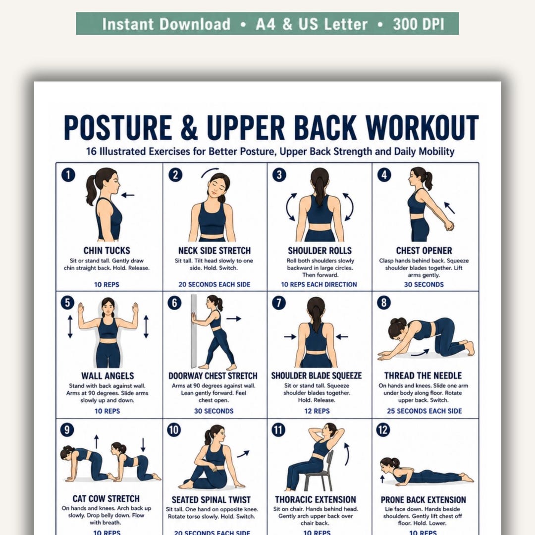 Posture and Upper Back Workout Printable Chart, 16 Illustrated ...