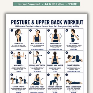 May include: A printable workout guide titled "Posture & Upper Back Workout" with 16 illustrated exercises. The guide includes exercises like chin tucks, neck stretches, shoulder rolls, and chest openers, with instructions and rep counts.