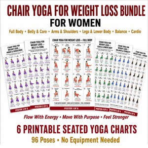 Könnte beinhalten: Ein Set aus sechs druckbaren Yoga-Postern mit 96 illustrierten Sitzpositionen. Die Poster tragen den Titel Chair Yoga for Weight Loss und enthalten Abschnitte für den ganzen Körper, Bauch, Arme, Beine, Gleichgewicht sowie Cardio-Übungen.
