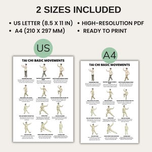 Tai Chi basic movements printable chart showing classic forms arranged in a gentle daily routine layout.
