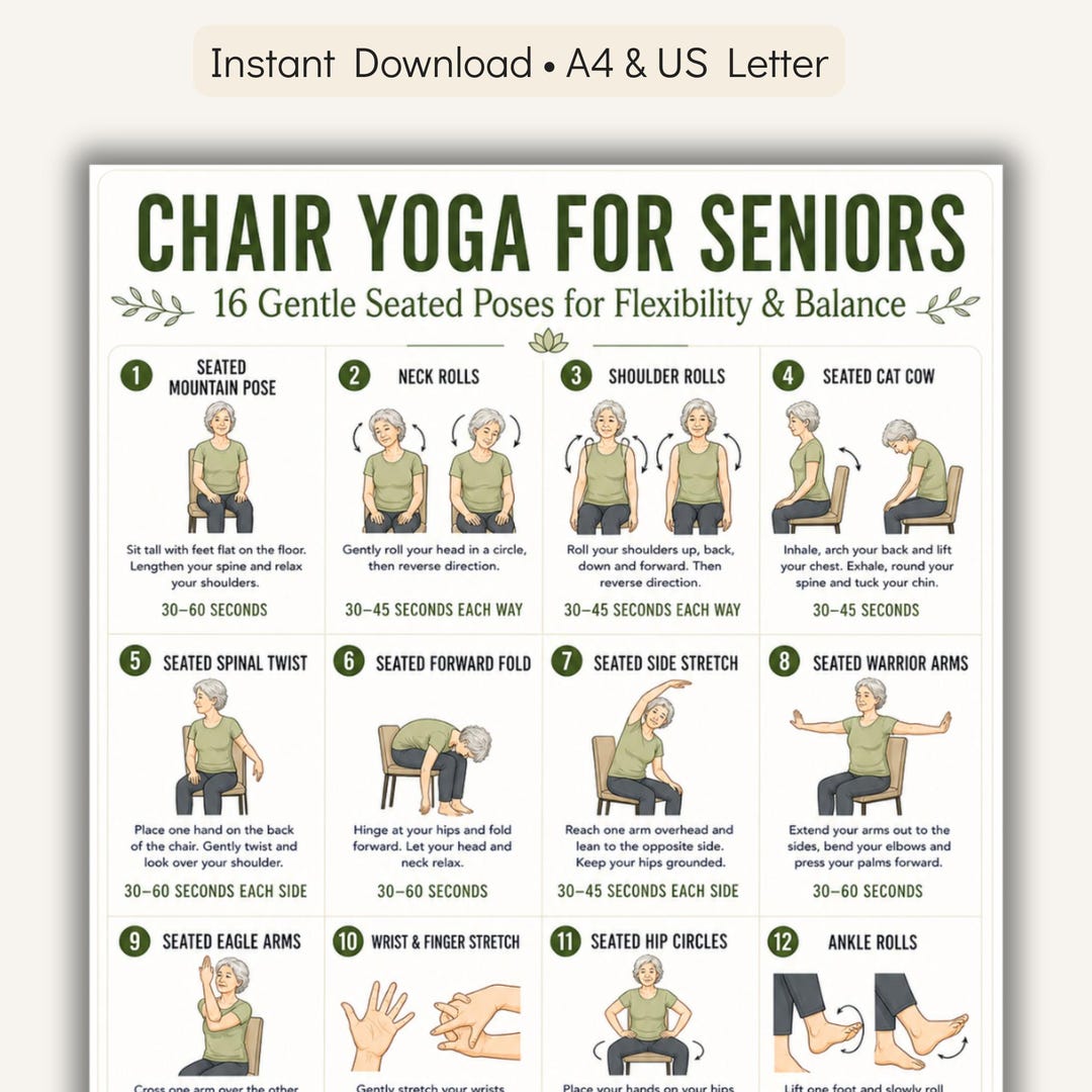 Chair Yoga for Seniors Printable Chart, 16 Gentle Seated Poses for