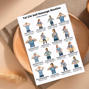 Tai Chi self massage routine printable showing energy flow exercises and gentle movement chart for daily practice