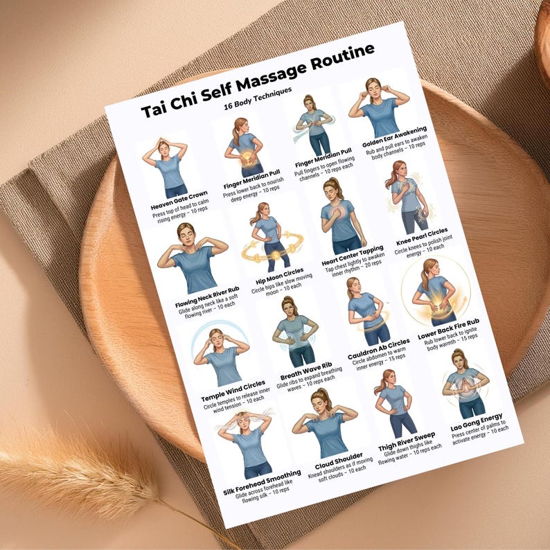Tai Chi self massage routine printable showing energy flow exercises and gentle movement chart for daily practice