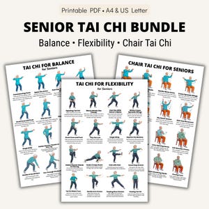 May include: A bundle of printable PDF guides for Senior Tai Chi, including Balance, Flexibility, and Chair Tai Chi. Each guide features illustrations of Tai Chi poses with instructions. The guides are designed for A4 and US Letter paper sizes.