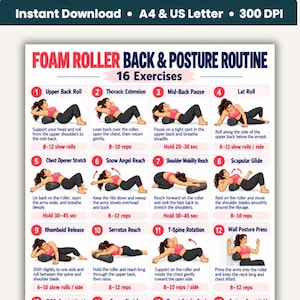 Könnte beinhalten: Ein digitales Poster mit dem Titel Foam Roller Back & Posture Routine, das 16 nummerierte Übungsillustrationen zeigt. Jeder Abschnitt zeigt eine Person, die eine schwarze Faszienrolle verwendet, mit Anleitungen und Wiederholungszahlen.