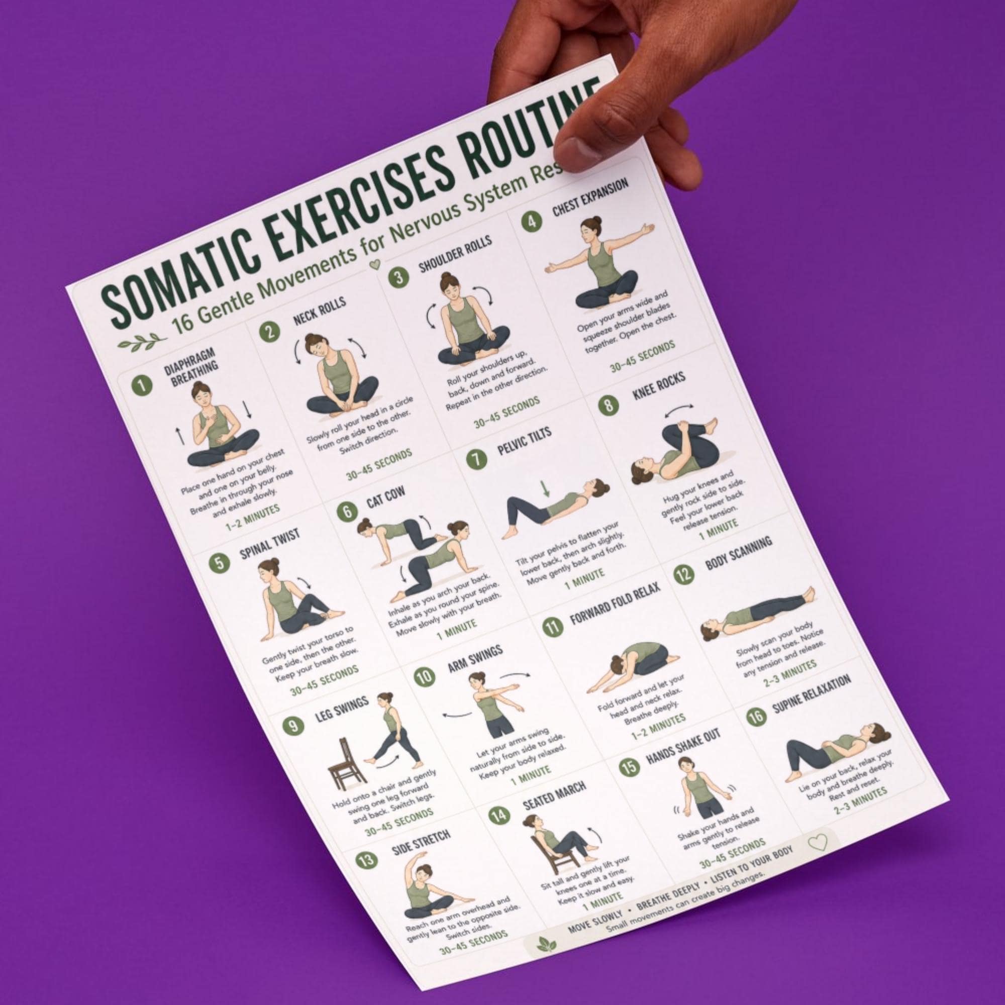 Relaxation Exercise Chart Somatic Exercises Printable Chart, 16 Gentle Movements for Relaxation ...