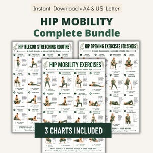 May include: A complete bundle of hip mobility exercise charts. The bundle includes three charts: Hip Flexor Stretching Routine, Hip Opening Exercises for Seniors, and Hip Mobility Exercises. Each chart features illustrated exercises with instructions.
