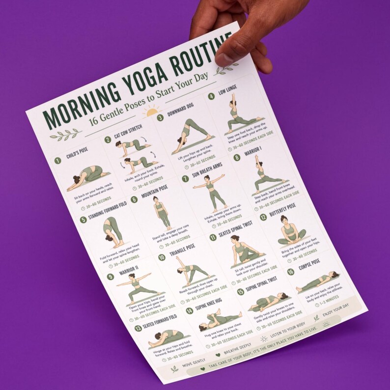 May include: A white poster titled "MORNING YOGA ROUTINE" with 16 gentle yoga poses to start your day. The poster is held by a hand against a purple background. The poses are illustrated with text descriptions and time durations.
