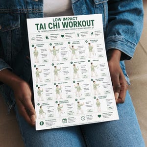 May include: A white poster titled "LOW IMPACT TAI CHI WORKOUT" with 16 illustrated movements. The poster is held by a person wearing a denim jacket. The poster's text is in green and black.