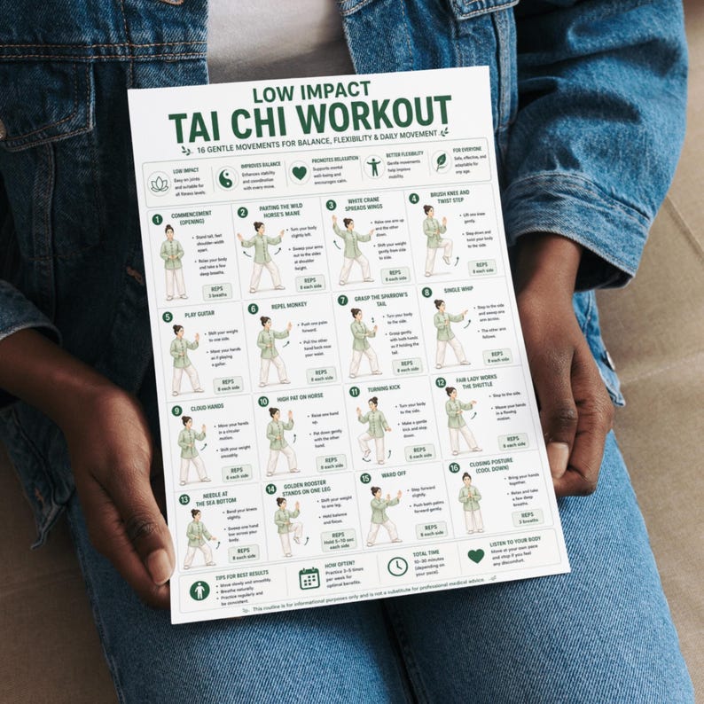 May include: A white poster titled "LOW IMPACT TAI CHI WORKOUT" with 16 illustrated movements. The poster is held by a person wearing a denim jacket. The poster's text is in green and black.