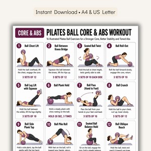 Könnte beinhalten: Ein digitales Trainingsplakat mit dem Titel Pilates Ball Core & Abs Workout, das 12 illustrierte Übungen mit violetten Pilatesbällen zeigt. Der Leitfaden enthält nummerierte Schritte, Übungsbeschreibungen und Wiederholungszahlen.
