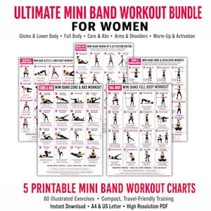 Könnte beinhalten: Ein Set aus fünf druckbaren Trainingsplänen mit dem Titel Ultimate Mini Band Workout Bundle. Die Diagramme zeigen 80 illustrierte Übungen mit Widerstandsbändern für Gesäß, Unterkörper, Rumpf, Bauch, Arme, Schultern und Ganzkörpertraining.