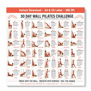 Può includere: Una guida stampabile alla sfida di pilates a muro di 30 giorni. Il poster bianco presenta esercizi illustrati per la forza del core, un corpo tonico e il benessere quotidiano. Il testo include nomi ed istruzioni degli esercizi.