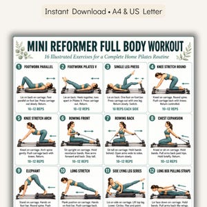 Puede incluir: Una guía de ejercicios imprimible para un mini reformer, con 16 ejercicios ilustrados para una rutina completa de Pilates en casa. La guía incluye ejercicios como trabajo de pies, prensa de una pierna y remo. El texto "Descarga instantánea A4 & US Letter" está en la parte superior.