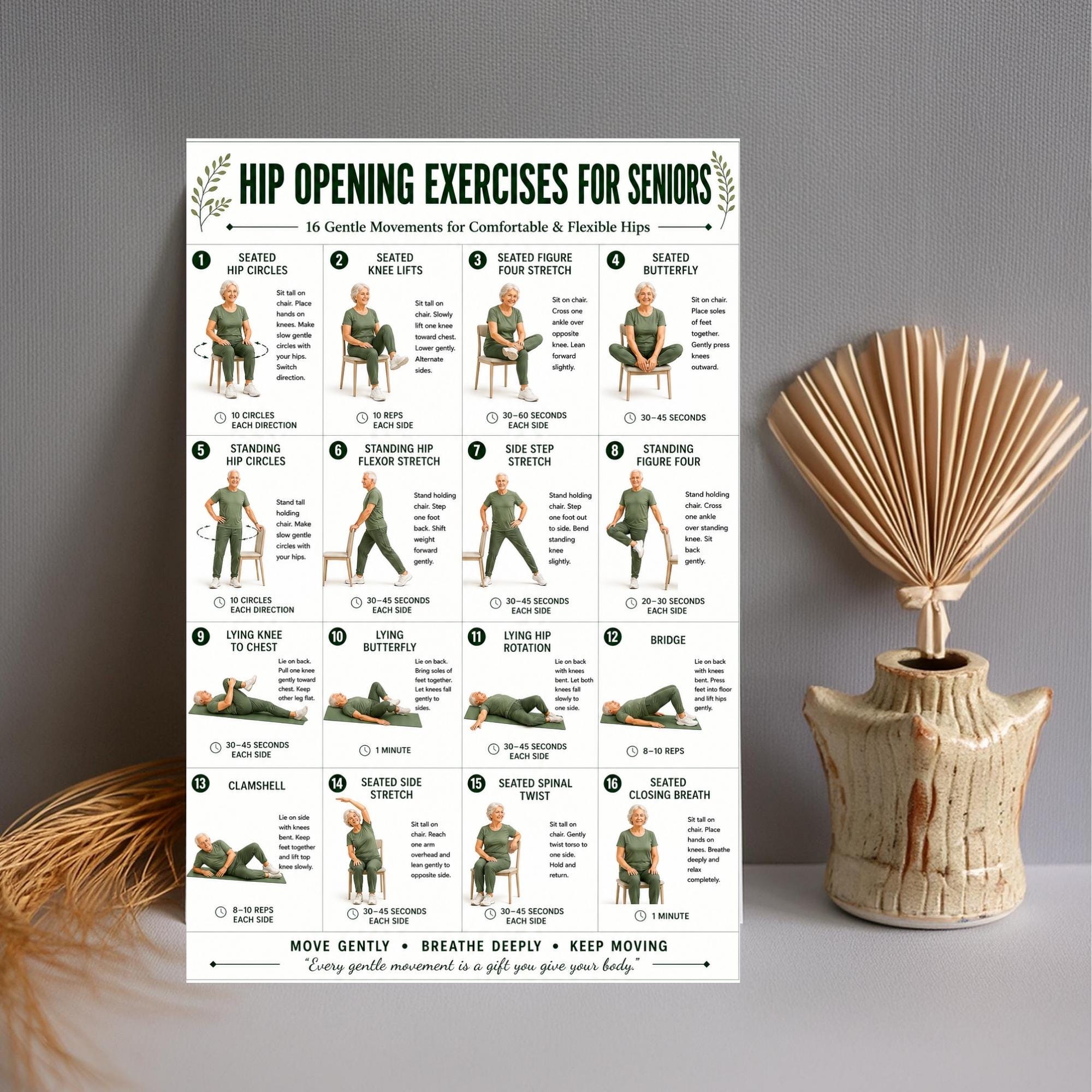 Hip Opening Exercises for Seniors Printable Chart, 16 Gentle Movements ...