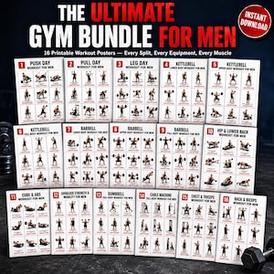 May include: A digital collection of 16 printable workout posters titled THE ULTIMATE GYM BUNDLE FOR MEN. Each poster features numbered exercise routines with illustrations of various movements using equipment like barbells, dumbbells, and kettlebells.