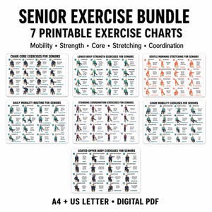 Puede incluir: Un paquete digital de 7 tablas de ejercicios imprimibles para personas mayores, con texto negro sobre fondo blanco. Las tablas incluyen ilustraciones de movimientos sentados y de pie para movilidad, fuerza, core, estiramientos y coordinación, en formato A4 y US Letter.