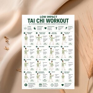 May include: A beige poster with the title "LOW IMPACT TAI CHI WORKOUT" and illustrations of 16 gentle movements. The poster includes text describing each movement and its benefits, promoting balance, flexibility, and daily movement.