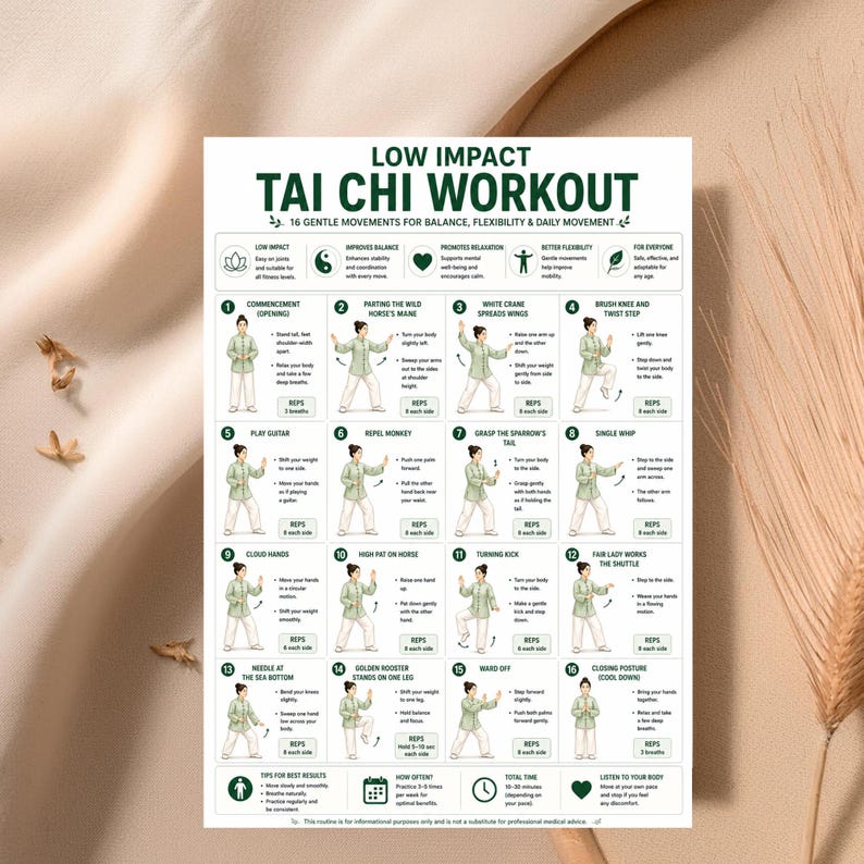 May include: A beige poster with the title "LOW IMPACT TAI CHI WORKOUT" and illustrations of 16 gentle movements. The poster includes text describing each movement and its benefits, promoting balance, flexibility, and daily movement.