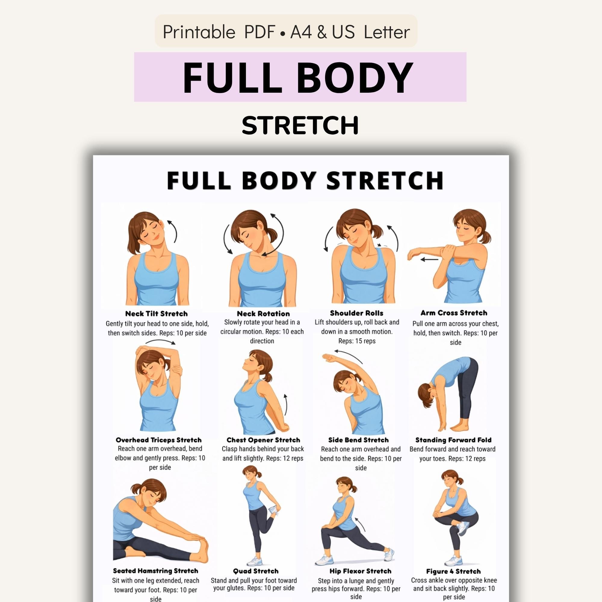 Daily Stretching Routine Chart Printable PDF, Full Body Stretch ...