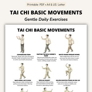 Tai Chi basic movements printable chart showing classic forms arranged in a gentle daily routine layout.