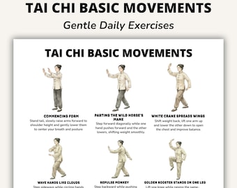 Tai Chi Basic Movements Printable Chart, Gentle Tai Chi Exercises, Daily Routine Flow, Classic Tai Chi Forms Poster