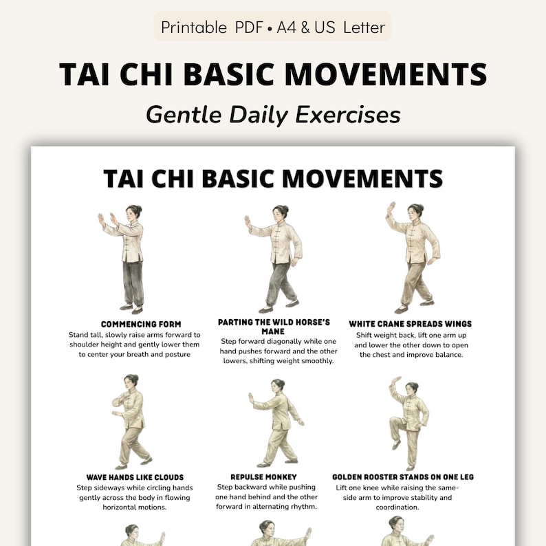 Tai Chi basic movements printable chart showing classic forms arranged in a gentle daily routine layout.