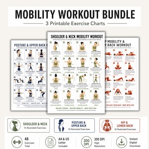 Peut inclure: Un ensemble de trois tableaux d'exercices imprimables pour les entraînements de mobilité. Les tableaux comprennent des exercices pour les épaules et le cou, la posture et le haut du dos, et les hanches et le bas du dos. Les tableaux sont étiquetés "MOBILITY WORKOUT BUNDLE".