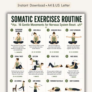 Op de afbeelding: Een witte, afdrukbare gids getiteld "SOMATIC EXERCISES ROUTINE" met 16 zachte bewegingen voor het resetten van het zenuwstelsel. De gids bevat illustraties en instructies voor elke oefening.