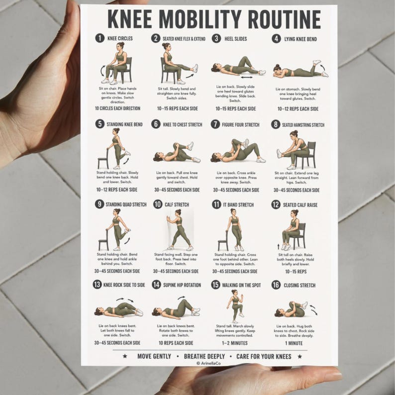 Knee Mobility Routine Printable Chart, 16 Gentle Movements for Flexible ...