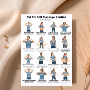 Tai Chi self massage routine printable showing energy flow exercises and gentle movement chart for daily practice