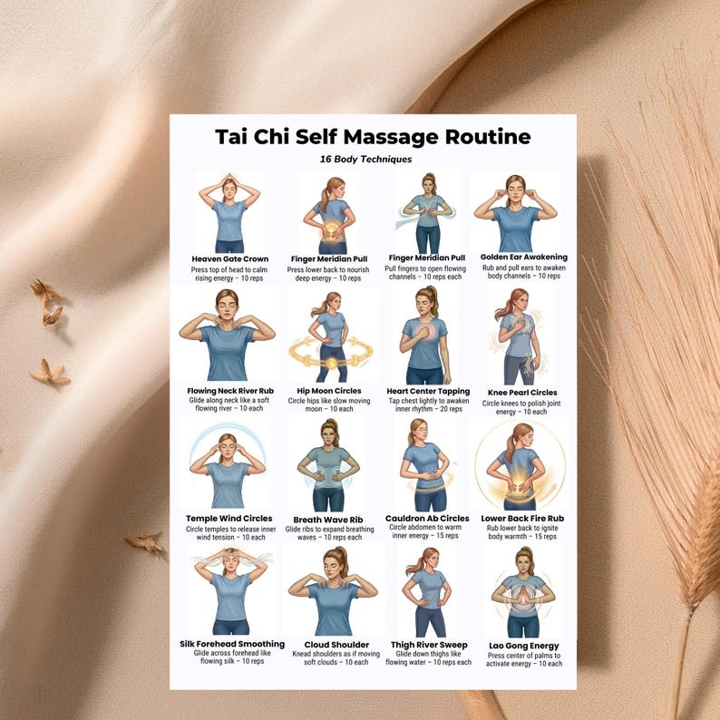 Tai Chi self massage routine printable showing energy flow exercises and gentle movement chart for daily practice