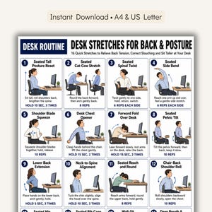 Op de afbeelding: Een digitale poster getiteld DESK ROUTINE DESK STRETCHES FOR BACK & POSTURE met 16 genummerde illustraties van personen die verschillende zittende rekoefeningen aan een bureau uitvoeren, inclusief tekstinstructies.
