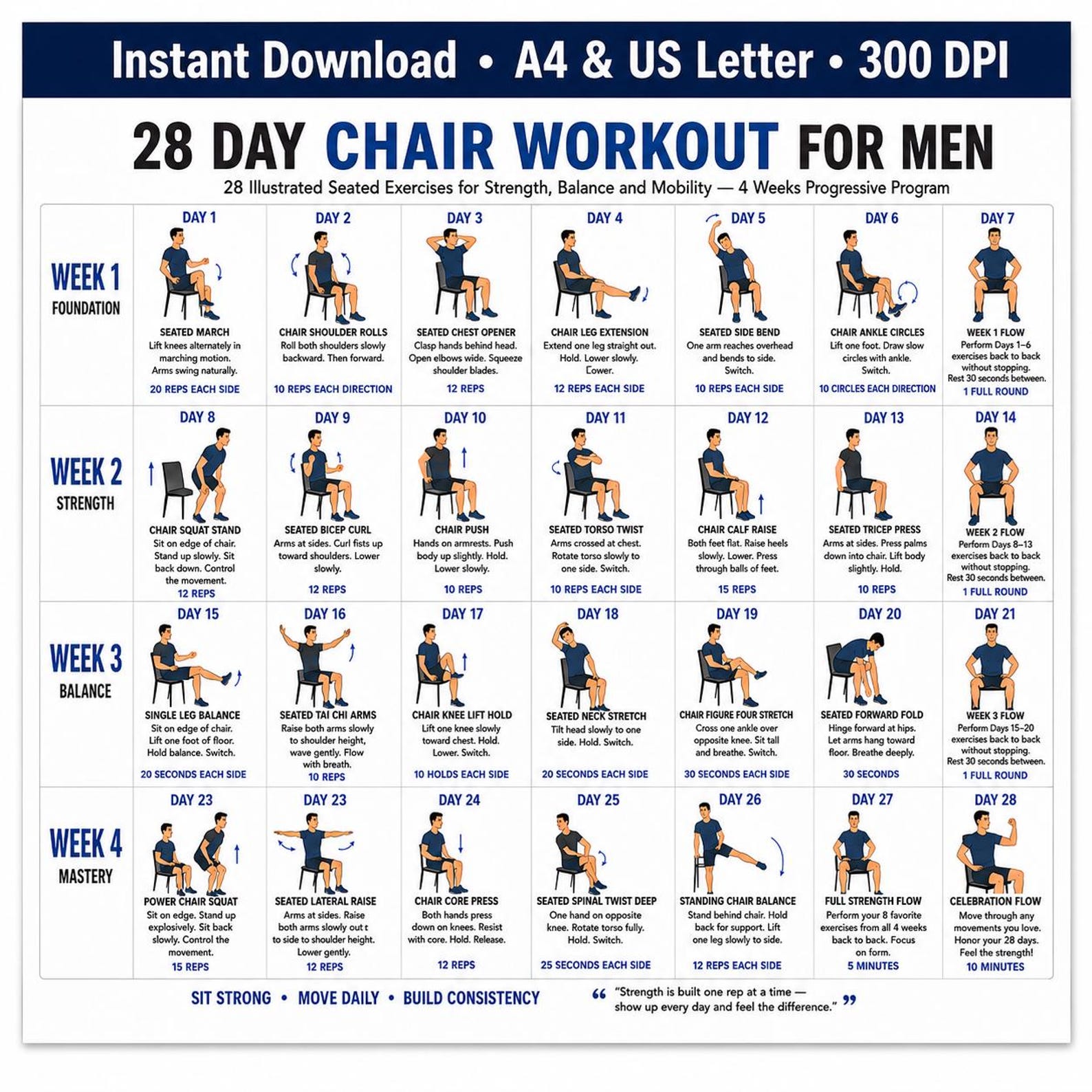 28 Day Chair Workout for Men Printable Chart, 4 Week Seated Exercise ...