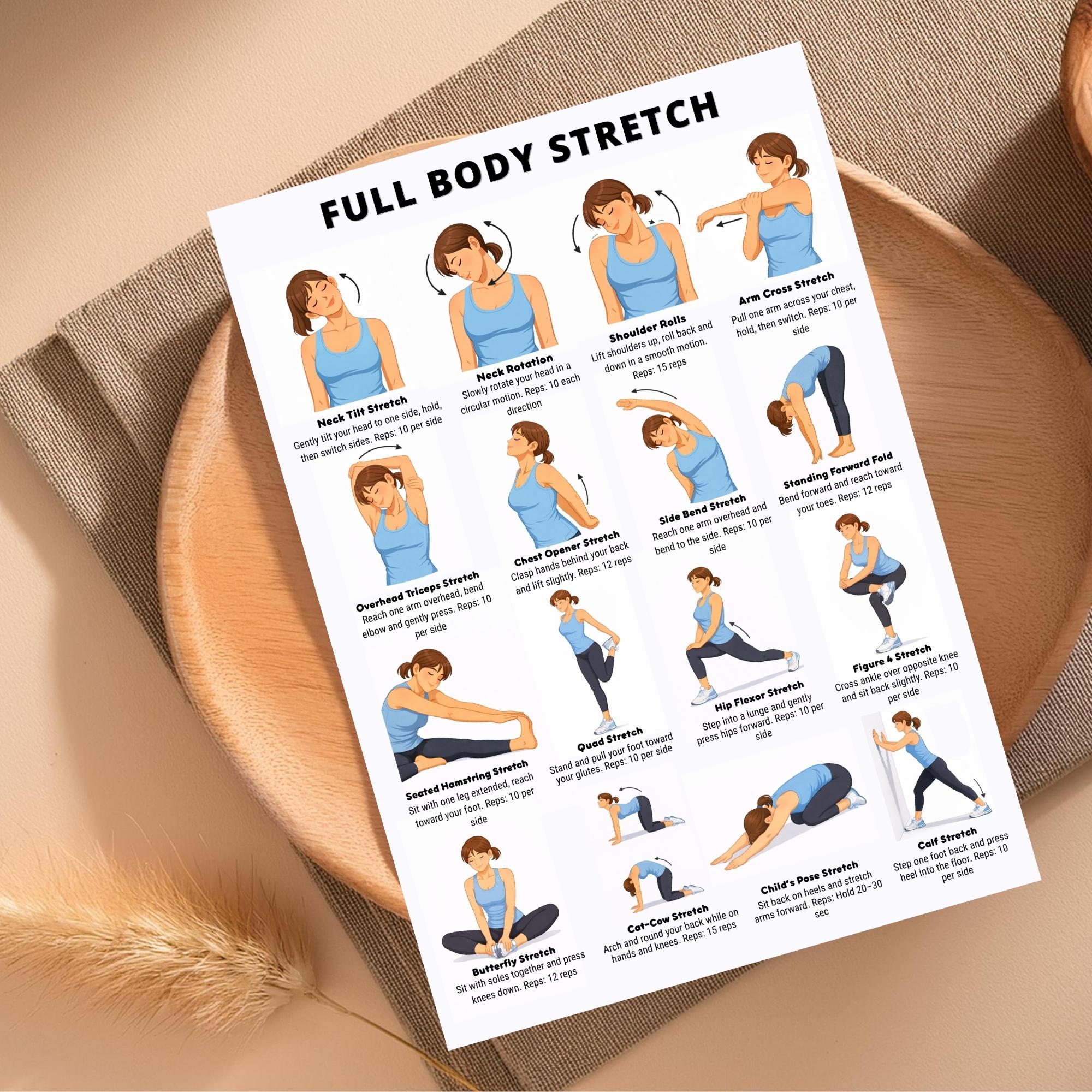 Daily Stretching Routine Chart Printable PDF, Full Body Stretch ...