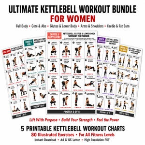 Könnte beinhalten: Ein Set aus fünf druckbaren Kettlebell-Trainingsplänen mit dem Titel Ultimate Kettlebell Workout Bundle for Women. Jedes Plakat enthält illustrierte Übungen für den ganzen Körper, Rumpf, Gesäß, Arme, Schultern sowie Cardio-Training.