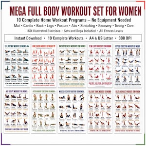 May include: A digital collection of 10 workout posters featuring illustrated exercises for full body, cardio, back, legs, posture, abs, stretching, recovery, and toning. The white posters include red and black text with sets and reps.