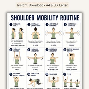 May include: A printable shoulder mobility routine guide with 12 exercises, including shoulder rolls, arm circles, and stretches. The guide is available for instant download in A4 and US Letter sizes. The text is in black font on a white background.