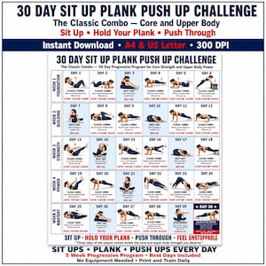 30 Day Sit Up Plank Push Up Challenge Printable Chart, Classic Combo Core and Upper Body Program PDF, Progressive Fitness Challenge